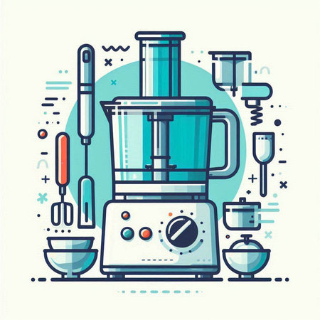 Modern flat line design vector illustration concept of kitchen appliances for cooking, making smoothies.のイラスト素材