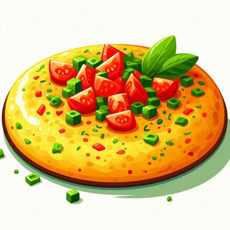 Illustration of a pizza with tomato and green onion on a white backgroundのイラスト素材