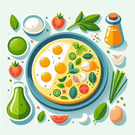 Omelette with vegetables and eggs. Healthy breakfast. Flat style vector illustration.のイラスト素材