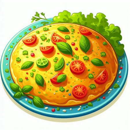 Illustration of a delicious omelette with vegetables on a white backgroundのイラスト素材