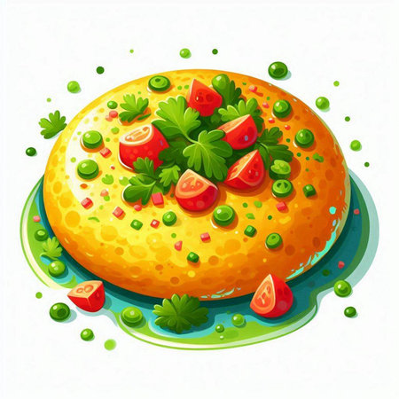 Illustration of a tasty fish cake with parsley and tomatoes on a white backgroundのイラスト素材