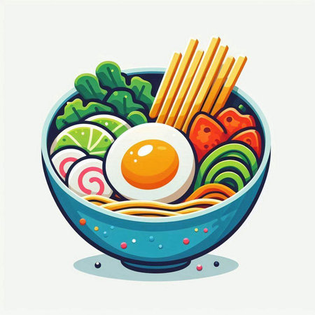 Bowl of noodle with fried egg and vegetables. Vector illustration.のイラスト素材