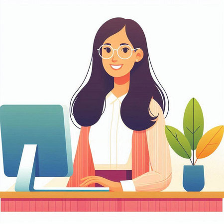 Young woman working on computer at home. Flat style vector illustration.のイラスト素材