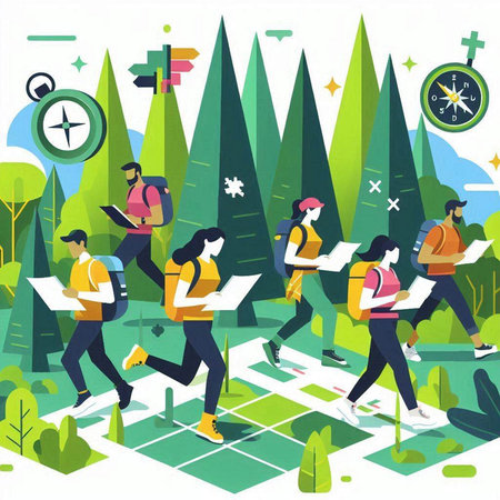 Vector illustration of people walking in the forest with map and compass.のイラスト素材