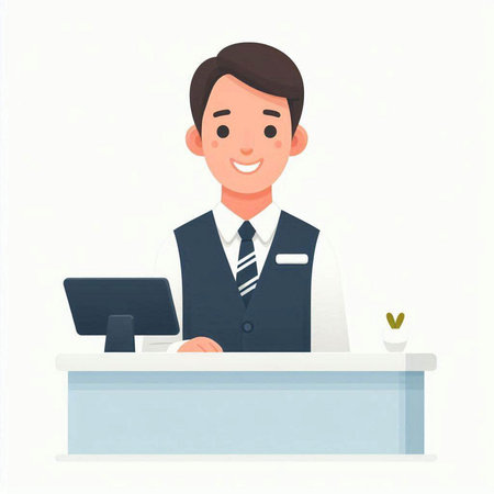 Businessman at the reception desk. Vector illustration in flat style.のイラスト素材