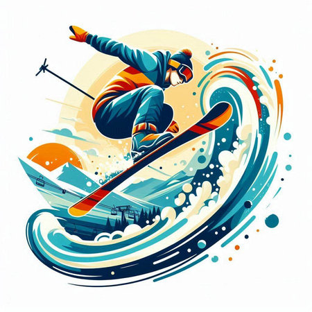 Vector illustration of a snowboarder jumping on a snowboard.のイラスト素材