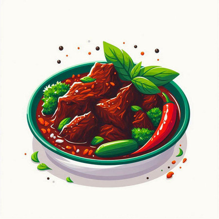 Illustration of a bowl of beef stewed with spices and herbsのイラスト素材