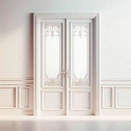 Classic door in white interior with mouldings. 3d render illustrationのイラスト素材