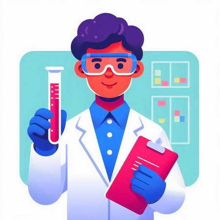 Scientist in lab coat holding test tube and clipboard. Vector illustration.のイラスト素材
