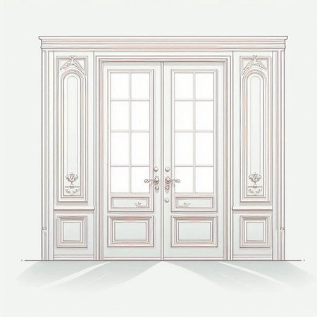 Drawing of classic wooden entrance doors. Vector illustration on white background.のイラスト素材