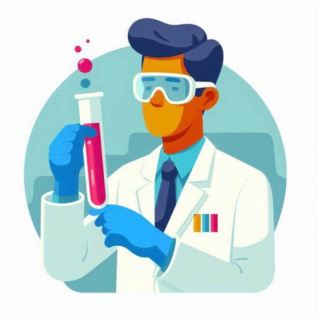 Scientist holding test tube with blood sample. Vector illustration in cartoon styleのイラスト素材