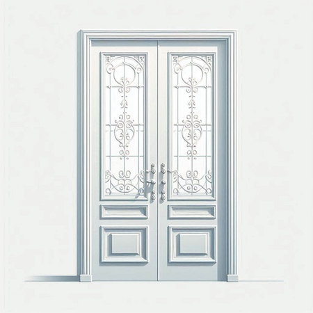 Vector illustration of a classic wooden door with a wrought-iron latticeのイラスト素材