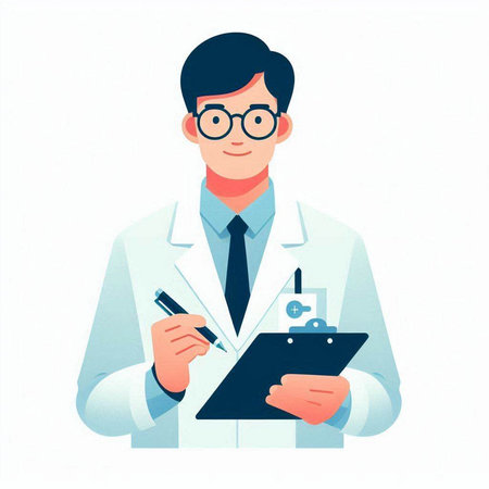 Male doctor in white coat writing on clipboard. Vector illustration in flat styleのイラスト素材