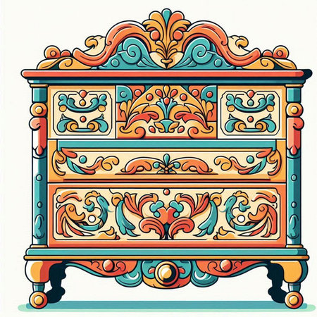 Vector illustration of an old vintage chest of drawers with ornament.のイラスト素材