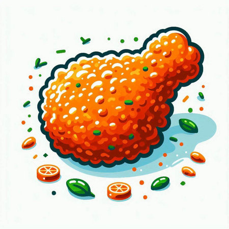 Illustration of fried chicken leg with tomato and olives on white backgroundのイラスト素材