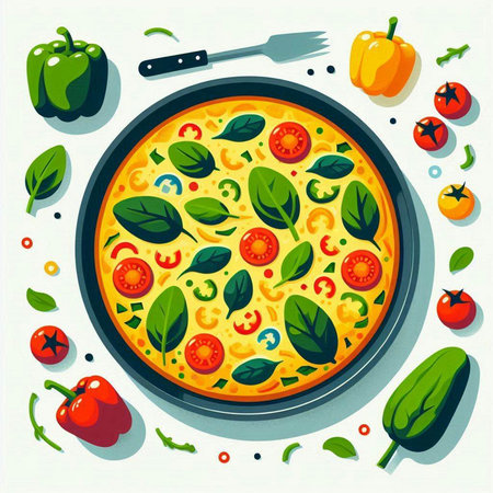 Pizza with vegetables. Vector illustration of a pizza in a flat style.のイラスト素材