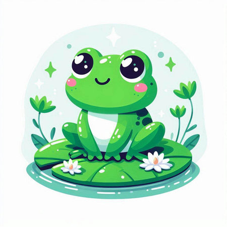 Cute cartoon frog sitting on a green leaf. Vector illustration.のイラスト素材