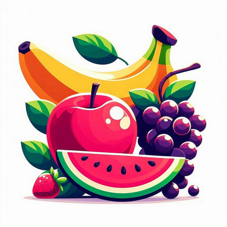 Fruit vector illustration. Banana, apple, grape, watermelonのイラスト素材