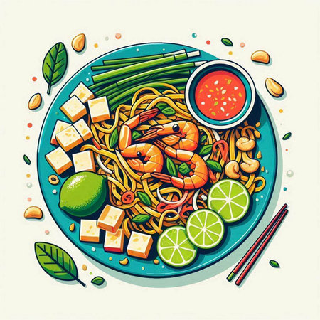Noodles with shrimps and lime. Vector illustration.のイラスト素材