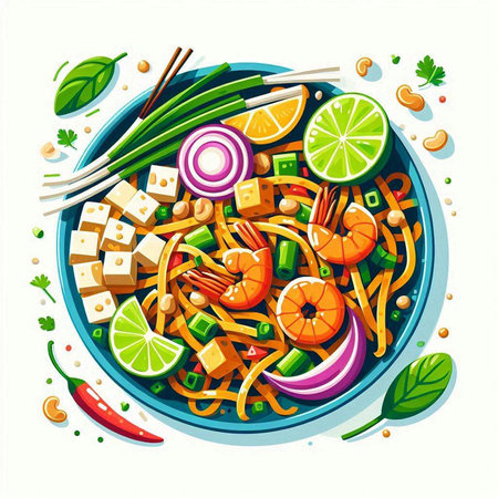 Noodles with shrimps and vegetables. Vector illustration.のイラスト素材