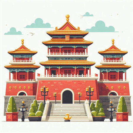 Ancient Chinese temple in flat style. Vector illustration on white background.のイラスト素材