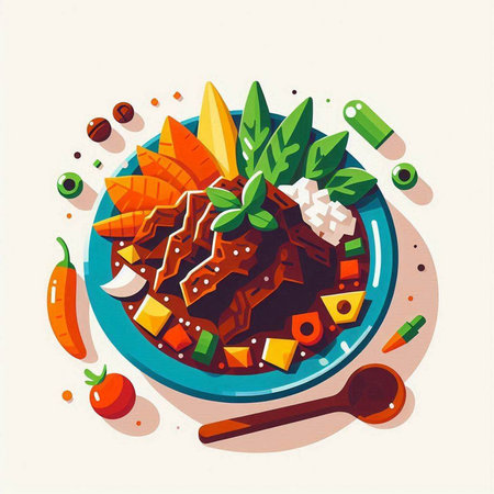 Chinese cuisine, vector illustration in flat cartoon style. Steamed meat with vegetables.のイラスト素材