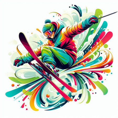 Vector illustration of a snowboarder on a background of colorful splashesのイラスト素材