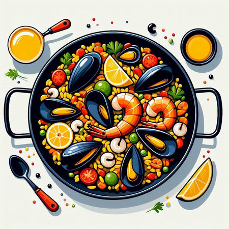 Seafood paella in a frying pan. Vector illustration.のイラスト素材