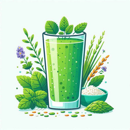 Vector illustration of a glass of green smoothie with herbs and spices.のイラスト素材
