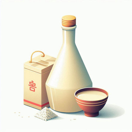 Illustration of Japanese sake in a bottle and paper bag on a white backgroundのイラスト素材