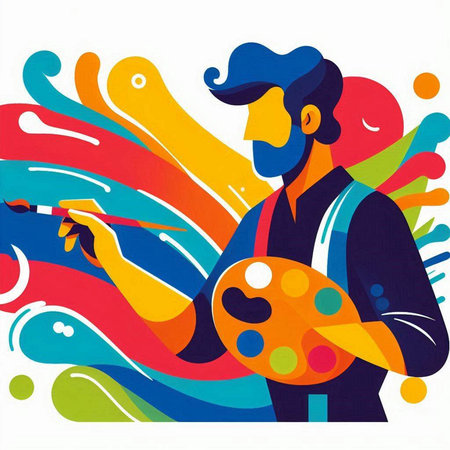 Painter with palette and brush on abstract background. Vector illustration.のイラスト素材