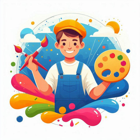 Cartoon painter boy with paint palette and brush. Vector illustration.のイラスト素材
