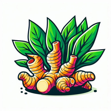 Ginger root with green leaves. Vector illustration isolated on white background.のイラスト素材