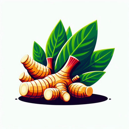 Ginger root and leaves isolated on white background. Vector illustration.のイラスト素材