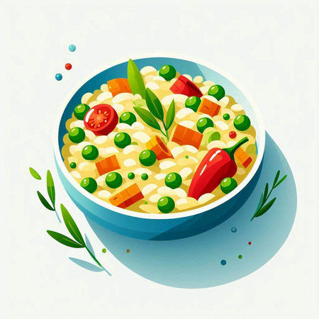 Risotto with green peas, carrots and tomatoes. Vector illustration.のイラスト素材