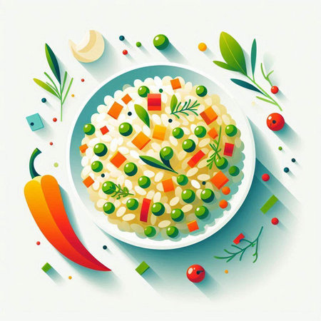 Risotto with green peas, carrots, cucumbers and parsley. Vector illustration.のイラスト素材