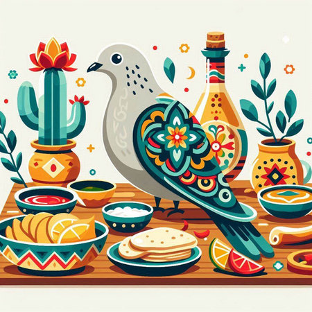 Vector illustration of a set of traditional mexican food on the table.のイラスト素材