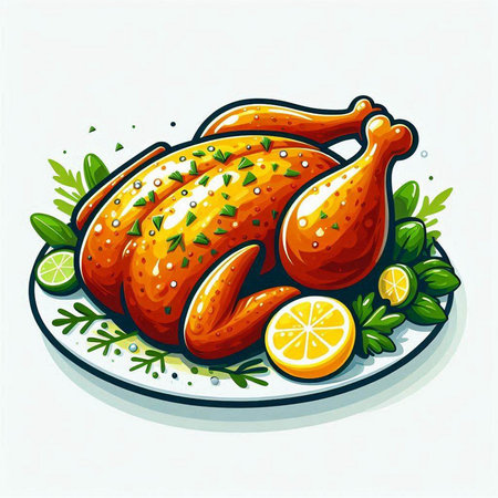 Roast chicken with lemon and herbs on a plate. Vector illustration.のイラスト素材