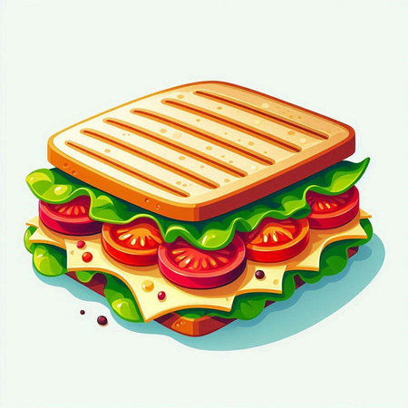 Illustration of a sandwich with cheese, tomato and lettuce on a white backgroundのイラスト素材