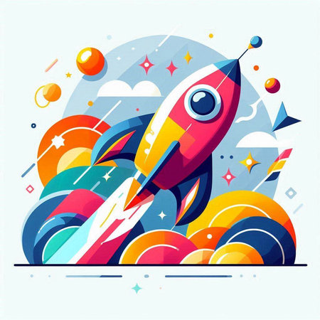 Rocket launch in space. Spaceship in outer space. Vector illustrationのイラスト素材
