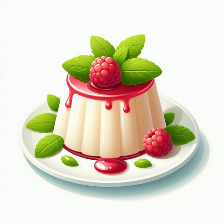 Panna cotta with raspberries and mint on white backgroundのイラスト素材