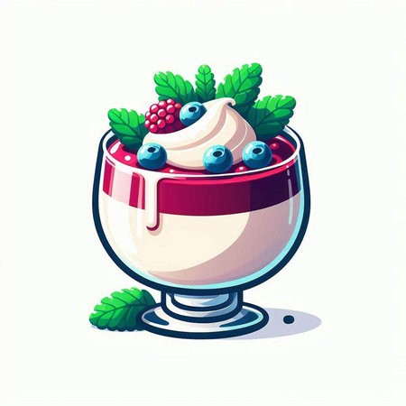 Creamy yogurt with berries in a glass cup. Vector illustration.のイラスト素材