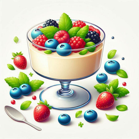 Vector illustration of yogurt with berries in a glass bowl on a white backgroundのイラスト素材