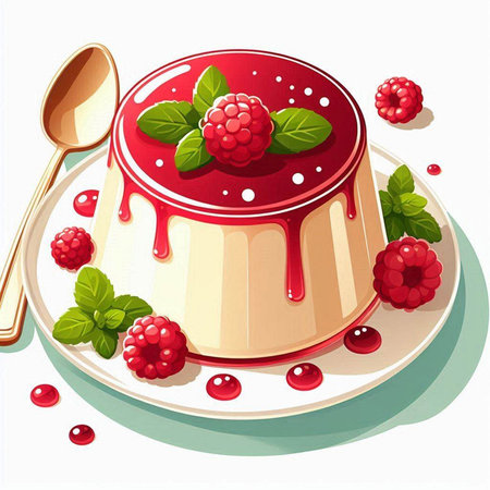 Illustration of a piece of panna cotta with raspberriesのイラスト素材