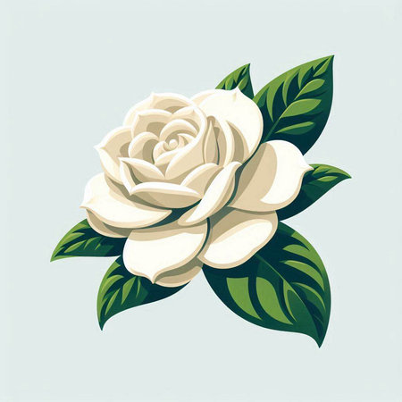 White rose with green leaves on a blue background. Vector illustration.のイラスト素材