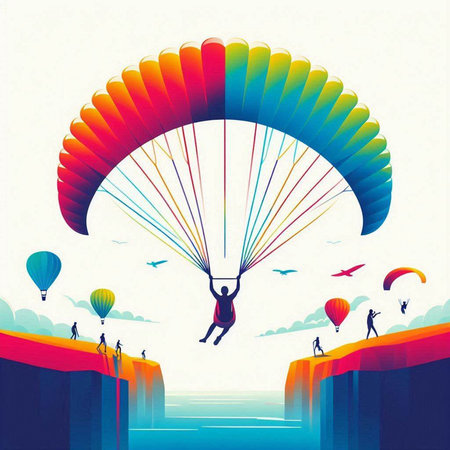 Parachutist flying in the sky over the sea, vector illustrationのイラスト素材