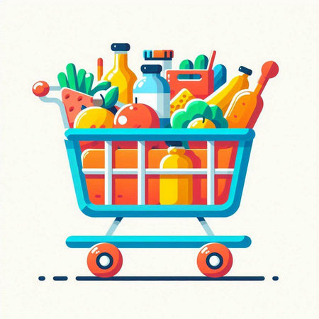 Shopping cart with healthy food. Vector illustration in flat style.のイラスト素材