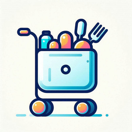 Shopping cart with food. Vector illustration in a flat style.のイラスト素材