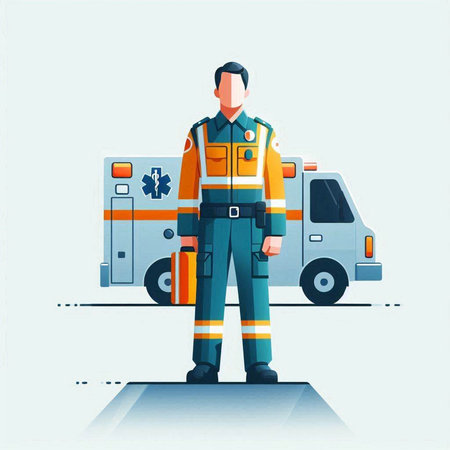 Fireman in uniform standing near ambulance car. Flat vector illustration.のイラスト素材