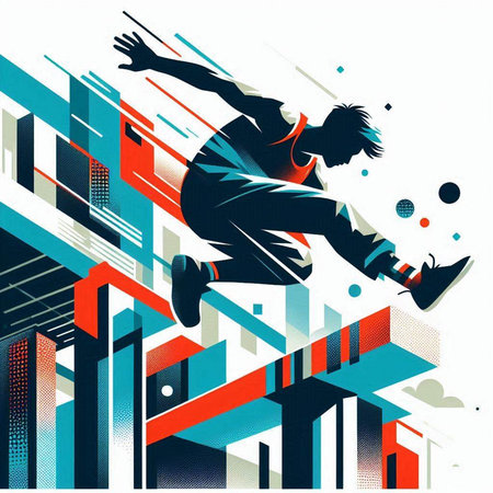 illustration of a young man jumping in the city. Vector illustrationのイラスト素材